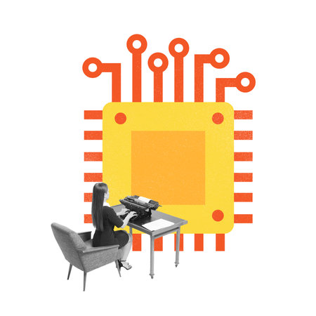 Poster. Contemporary art collage. Woman typing with microchip background symbolizes coding and...