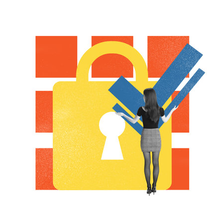 Poster. Contemporary art collage. Woman with checkmark and padlock symbolizes trust and assurance in...