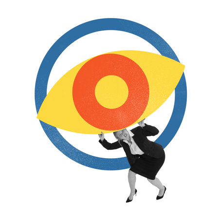 Poster. Contemporary art collage. Businesswoman carrying large eye symbolizes strategic vision and oversight in business. Concept of business, work in team, start up, innovation. Adの写真素材