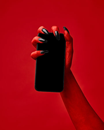 Horror red devils hand with blank long nails holding smartphone with blank screen against red studio background. Concept of season sale, promotion, celebration, web. Negative space to insert text. Adの写真素材