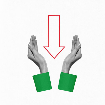 Contemporary art collage. Stress Reduction. Two hands gently guide downward arrow, symbolizing...