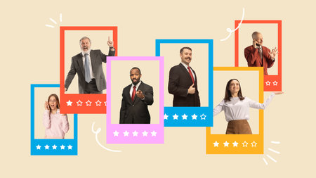Contemporary art collage. Diverse professionals showcased in bright frames highlight potential hires for dynamic workplace environment. Concept of job, job market trends, skills development.の写真素材