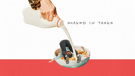 Poster. Contemporary art collage. Man submerged in cereal bowl, drowning under pour of milk. He...