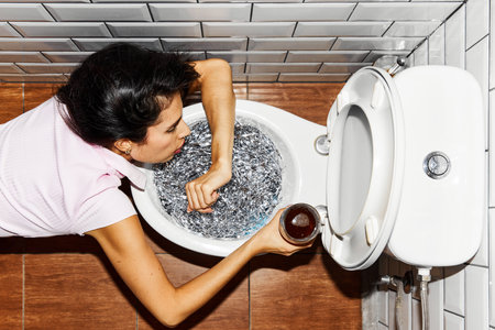 Woman leans over toilet filled with shiny foil, holding glass of drink in her hand, suggesting party...