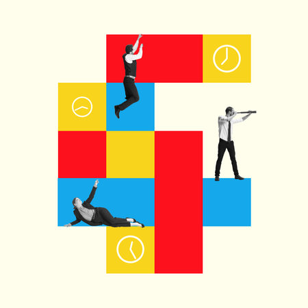Poster. Contemporary art collage. Workers, in different blocks of abstract schedule with clocks trying to managing his work and rest time. Concept of business and tasks, time-management, teamwork. Adの写真素材