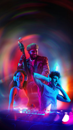 Poster. Groove meets glow as live bass lines and DJ rhythms create kaleidoscope of sound, with neon...