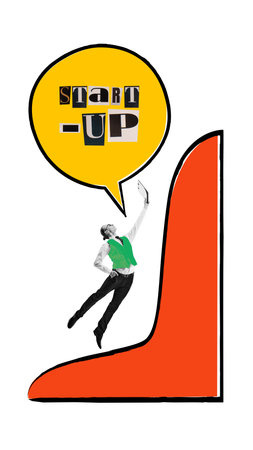 Poster. Contemporary art collage. Man leaps from red platform towards words Start-Up in yellow speech bubble. Leap of faith in starting something new. Concept of personal development, growth, success.の写真素材