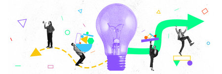 Banner. Contemporary art collage. Team of individuals brings shapes and ideas together as they follow path toward bright innovation and success. Concept of business, entrepreneurship, marketing.の写真素材