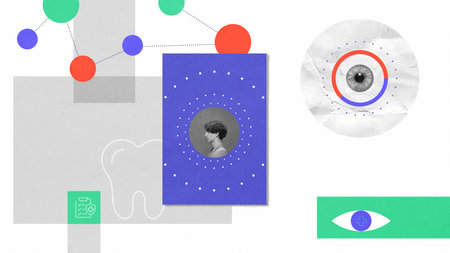 Contemporary art collage. Various interconnected geometric shapes with central figure and eye imply...