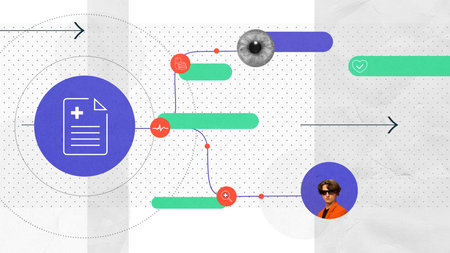 Contemporary art collage. Interconnected icons, between document, heart, and eye. Lines guide...