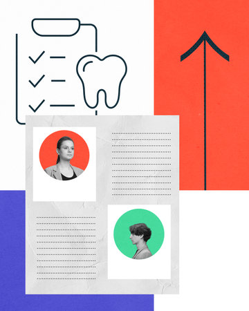 Contemporary art collage. Abstract artwork features checklist, tooth icon, upward arrow, and profile portraits of man and woman. Concept of health insurance, business, travel care, emergency.の写真素材