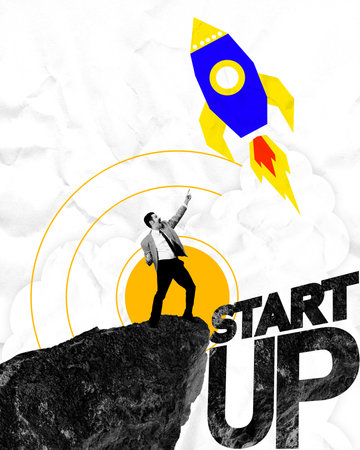 Contemporary art collage. Businessman points at rocket soaring through sky, representing ambition, leadership, and boundless potential of startup journey. Concept of business, new project, product. Adの写真素材