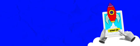 Banner. Contemporary art collage. Hands holding tablet as colorful rocket launches from screen,...