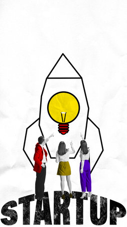 Contemporary art collage. Colleagues point to rocket with glowing lightbulb, representing birth of...