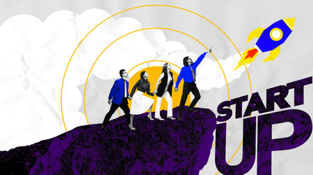 Contemporary art collage. Team stands on edge of cliff, watching rocket soar, signifying teamwork,...