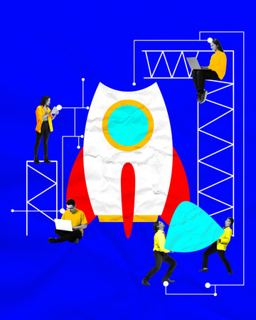 Contemporary art collage. Team assembles pieces of rocket, symbolizing collaborative process of building startup, brick by brick, fueled by teamwork and technology. Concept of management, business, new project, product. Adの写真素材