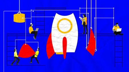 Contemporary art collage. Teams construct rocket in futuristic environment, symbolizing innovation,...