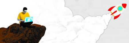 Banner. Contemporary art collage. Man on mountaintop works on laptop, as rocket blasts off behind...