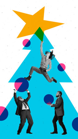Contemporary art collage. Scaling eights of success like holiday star, coworkers show that business...
