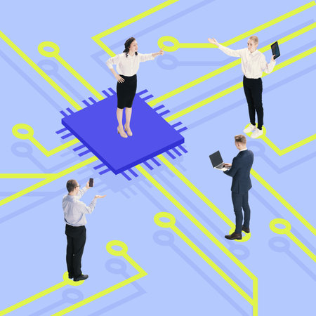 Contemporary art collage. Workers navigate circuit board, emphasizing human interaction with technology, showcasing heart of industrial innovation Concept of business and technology, connect. Adの写真素材