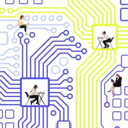 Contemporary art collage. Businesspeople sit within circuit network, symbolizing integration of...