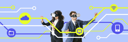 Contemporary art collage. Two employees in VR navigate data landscape, highlighting importance of...