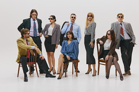 Group of young professionals walk confidently forward, blending business chic with powerful energy, ready to conquer boardroom. Concept of corporate culture, business and style, leadership. Adの写真素材