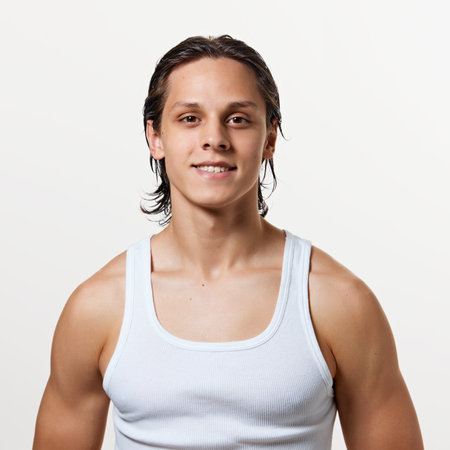 Portrait of young attractive man with we hair after bath treatments looking at camera and smiling...