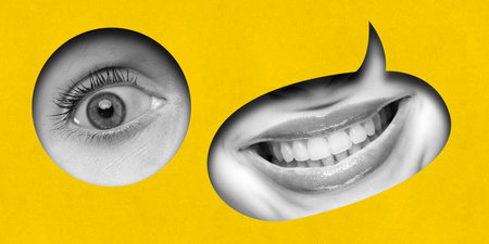 Contemporary art collage. Black-and-white eye and smiling mouth framed in speech bubbles on bright yellow background. Concept of social media, Black friday, communication, propaganda. Adの写真素材