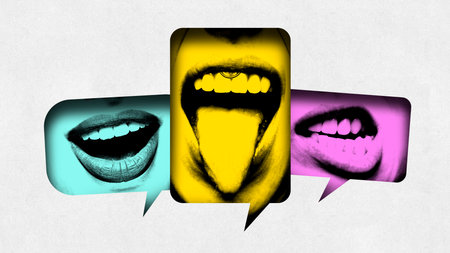 Contemporary art collage. Bold, colorful speech bubbles featuring mouths with various expressions...