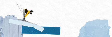 Contemporary art collage. Skier crouches down, about to take off on steep slope, showcasing speed...