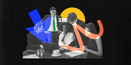 Contemporary art collage. Bold shapes and lines framing focused team as they plan and strategize...