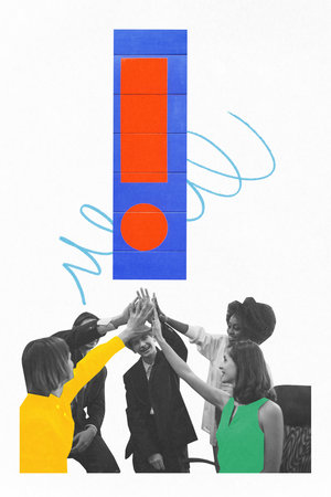 Contemporary art collage. Colleagues celebrate successful outcome with high five, symbolizing...