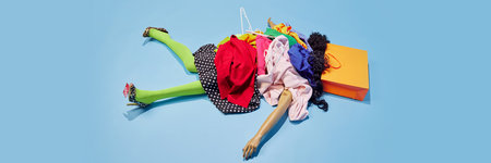 Banner. Surrounded by scattered shopping bags and wild clothes, chaos of Black Friday leaves no shopper standing. Concept of sales season, Black Friday, holidays shopping. Pop art style.の写真素材
