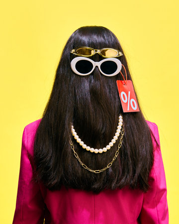 Stylish person with sunglasses and price tag, hidden under her hair, embodying chic but chaotic...
