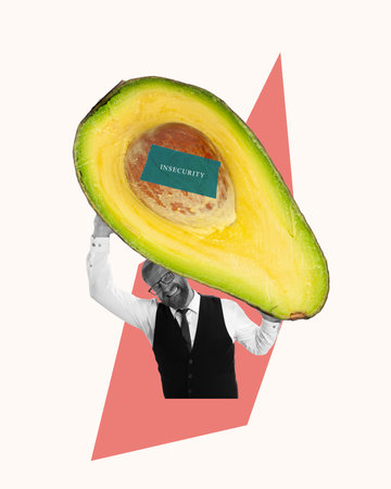 Contemporary art collage. Insecurity Avocado. Businessman struggles to balance weight of insecurity,...
