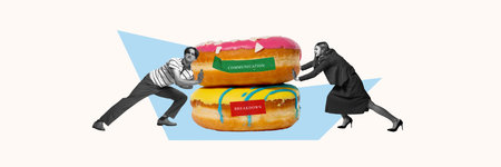Banner. Contemporary art collage. Communication Breakdown Donuts. Pushing desserts labeled...