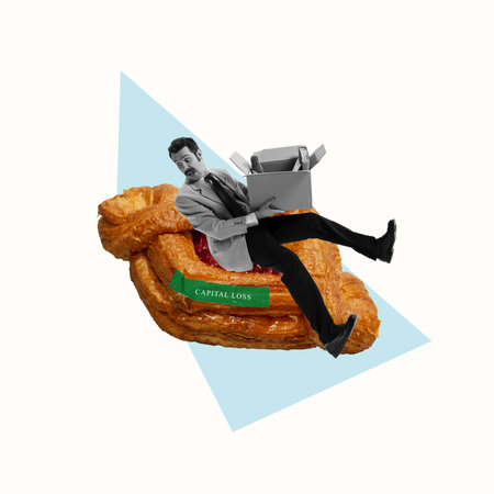 Contemporary art collage. Capital Loss Danish. Sinking into Danish pastry of capital loss,...