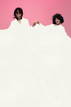 Contemporary art collage. Man and woman in bold 70s fashion, their outfits merging into background, symbolizing balance between style and conformity. Concept of music events, parties, night life. Adの写真素材