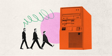 Contemporary art collage. Group walks towards oversized computer tower, showing how technology looms...