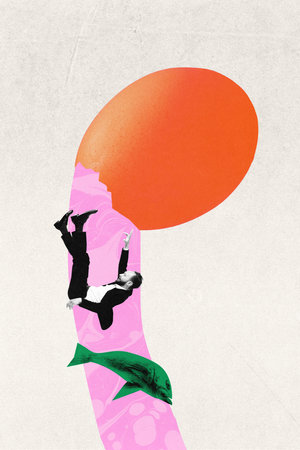 Contemporary art collage. Man falls into liquid-like environment with large egg and fish, symbolizing unexpected journey of life. Concept of fluidity and unpredictability of experience.の写真素材