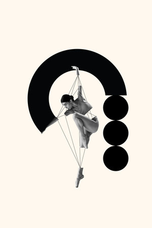 Poster. Contemporary art collage. Poster. Ballerina encapsulated by geometric shapes, merging fluidity with abstract modernism. Concept of dance and music, action, elegance, motion. Minimal art designの写真素材