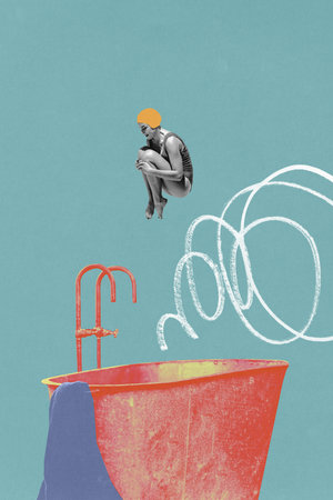 Contemporary art collage. Sun hangs low as woman with yellow swim-cap dive into winter waters below, balanced between warmth and cold. Concept of winter, snow, recreation. Abstract art style.の写真素材