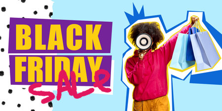 Poster. Contemporary art collage. Woman holding shopping bags and megaphone. Trendy design perfect for retail and holiday promotions. Concept of Black Friday, sales season, cyber Monday, discount. Adの写真素材