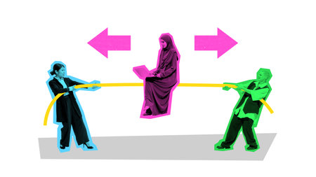 Poster. Contemporary art collage. Businesswomen pull opposite directions on rope while Muslim woman works calmly on laptop. Concept of DEI, negotiation, teamwork, balance, problem-solving.の写真素材