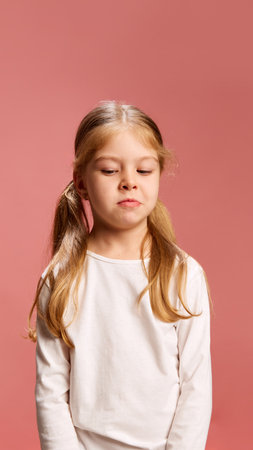 Little girl with blonde hair in pigtails and white shirt looks down thoughtfully against soft pink...