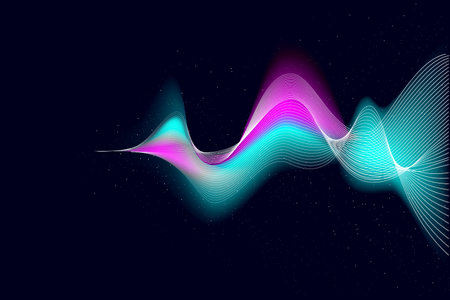 Vector illustration. Layers of fluid, translucent blue and pink shapes weave together, creating intricate web of abstract lines that pulse with digital energy. Concept of technology, digital future.のイラスト素材