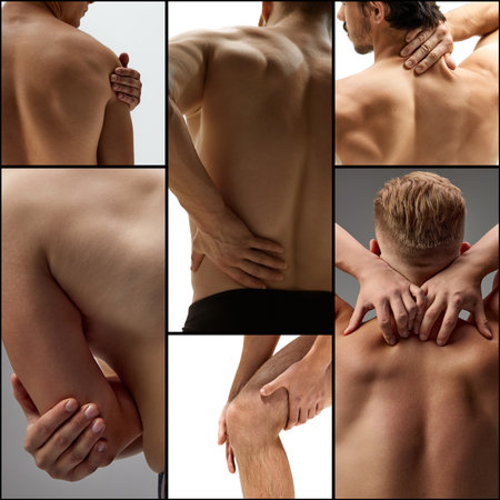 Collage. Diverse men holding areas of discomfort on their backs and necks, portraying muscle soreness and pain relief. Concept of male health, body building, selfcare, pain and therapy. Adの写真素材
