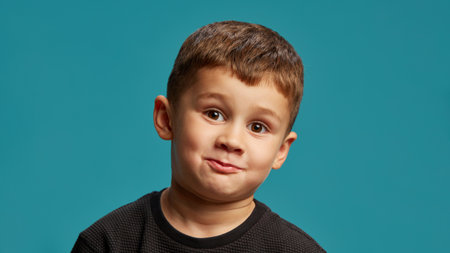 Little boy pulls playful face, smirk with his lips puckered, giving comical and mischievous vibe against blue studio background. Concept of facial-expressions, positive and negative emotions. Adの写真素材