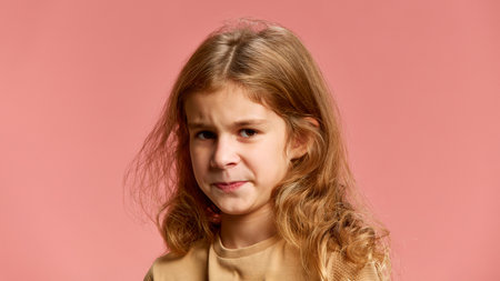 Girl with curly hair, frowns slightly, lips pressed together, showing discomfort or suspicion....